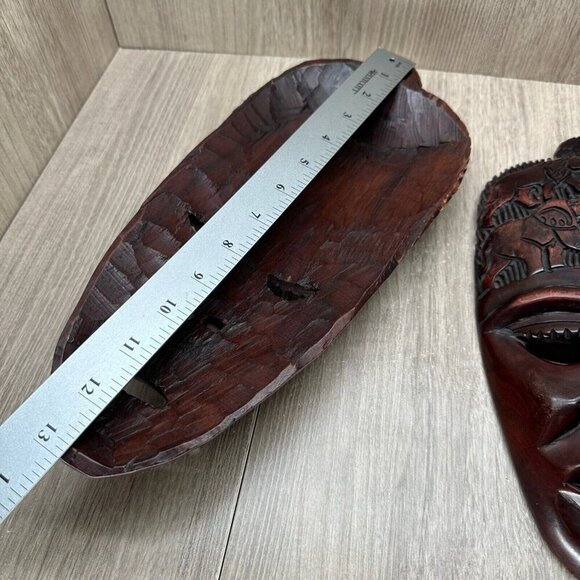 Vintage Wall Hanging Decorative Hand Carved Wood African Tribal Masks Pair Brown - Picture 10 of 13